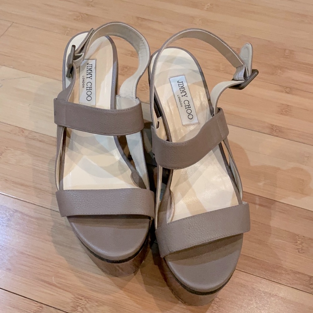 Super comfortable Jimmy Choo tan wedge sandals!